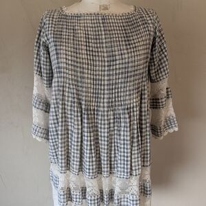 Blue & White Plaid Crochet-Trim Peasant Top
